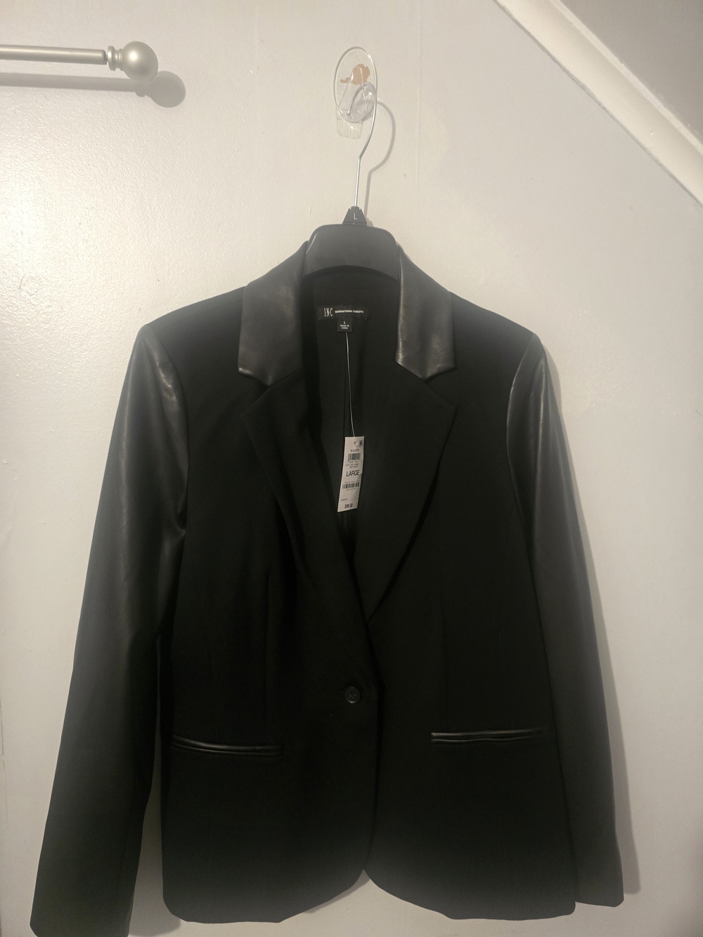 INC International Concepts Black Blazer with Faux Leather Trim